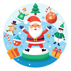 a festive array of Christmas icons, from jolly Santas to twinkling ornaments, all dancing in a digital snow globe on white  background
