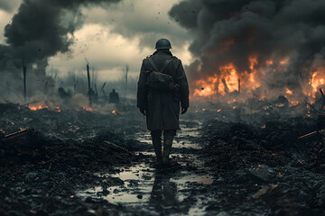 A solitary soldier walks through a ravaged battlefield.