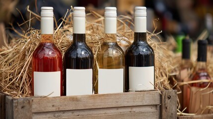 Naklejka premium Close-up of wine bottles in a wooden crate with a white label on a straw canvas rack. Elegant label design for red, white, yellow, orange, green, pink and purple wines.