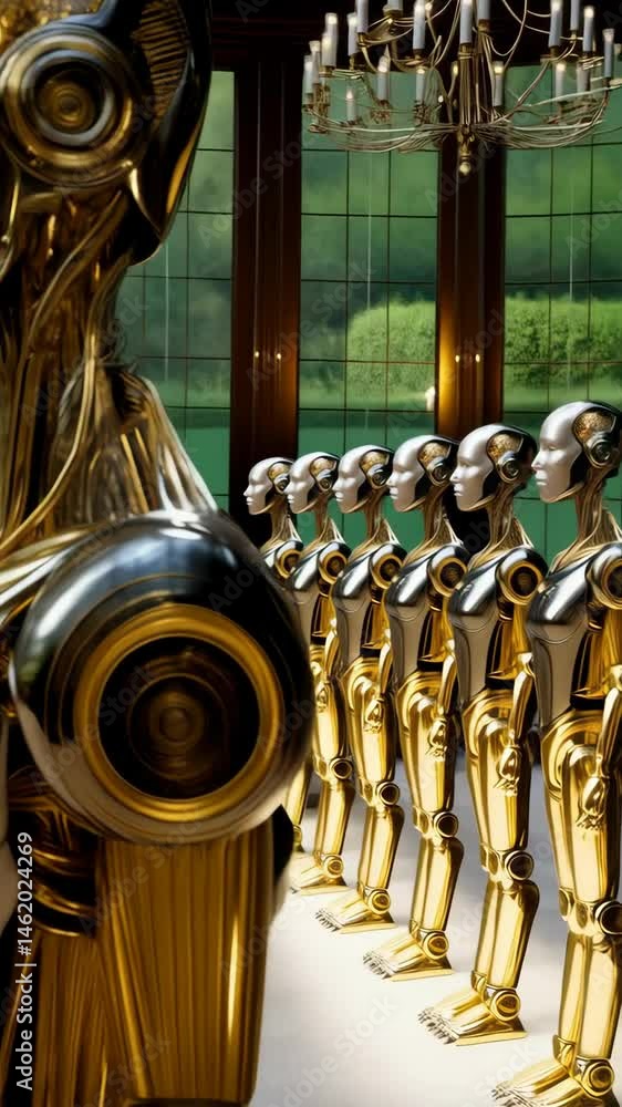Poster golden chrome futuristic android robots stand in a row in an elegant classical interior, futuristic 