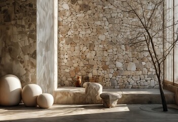 a minimalist interior space features a textured stone wall, sculptural stone furnishings, and a slender tree framed by expansive windows, bathed in warm natural light.