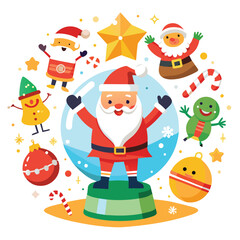 a festive array of Christmas icons, from jolly Santas to twinkling ornaments, all dancing in a digital snow globe on white  background

