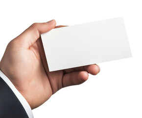 Obraz premium Hand of a businessman dressed in a suit, holding a blank piece of paper, space for text, cut out white background