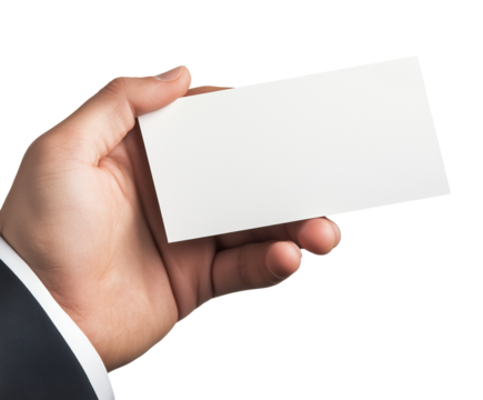 Hand of a businessman dressed in a suit, holding a blank piece of paper, space for text, cut out white background