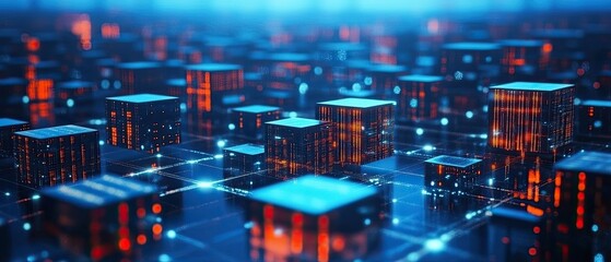 Futuristic digital city with glowing cubes and interconnected network.