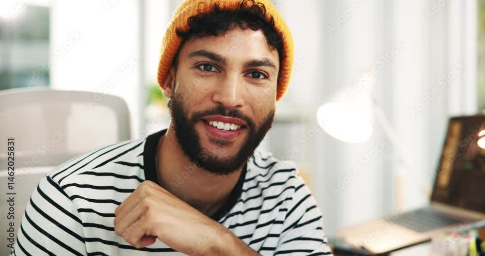 Poster creative, face and man with smile in office, pride and ambition with digital animator in workplace. 
