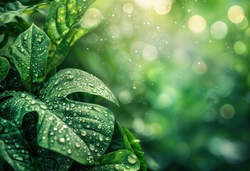 a lush, vibrant scene of monstera leaves glistening with raindrops against a soft, bokeh-filled green background.