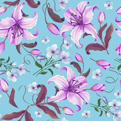 Beautiful lily flowers and spring flowers oil painting seamless pattern. Realistic and wonderful pattern for wallpaper and fabric.