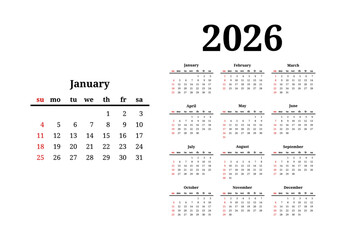 Calendar for 2026 isolated on a white background