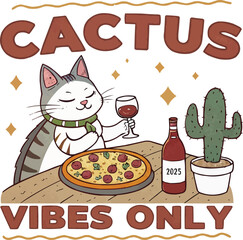 Cute cartoon cat sitting at a table and eating pizza. Generative AI.