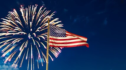 Night sky illuminated by celebration fireworks. American flag waves with patriotic pride. Independence holiday brings fireworks joy. Freedom shines in flag, celebration lights sky with fireworks. - Powered by Adobe