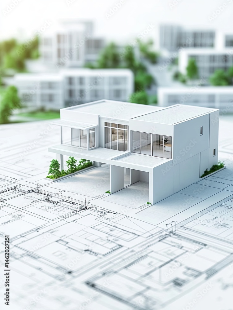 Poster architectural model of a modern house on a blueprint surrounded by similar structures and greenery. 