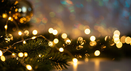Christmas decoration background scene concept idea with fir branch and warm glowing bokeh lights display backdrop design. Festive winter holiday home decor concept.