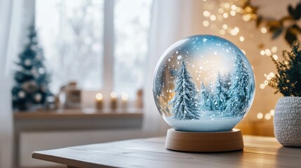 Cozy winter scene with snow globe on wooden table.