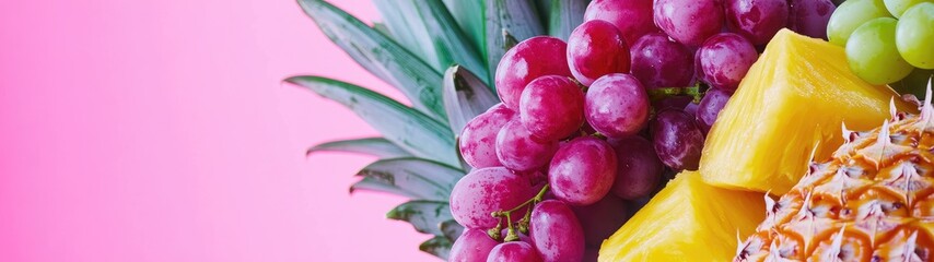 Close-up of vibrant pineapple, red grapes, and green grapes on pink background.