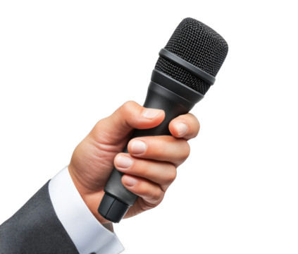 Hand holding a microphone for interview white background performance technology.