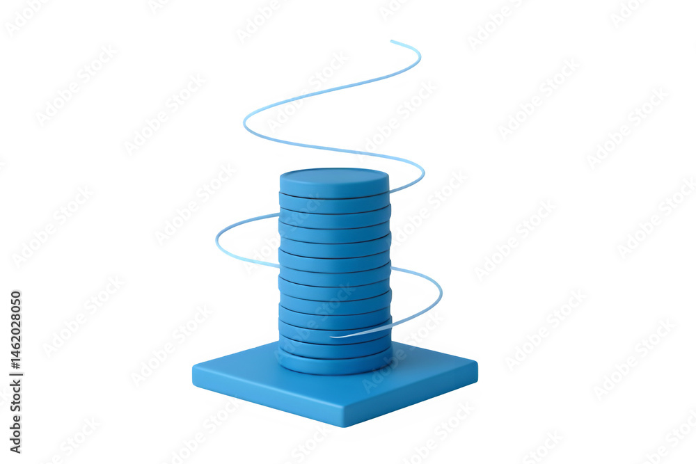 Poster abstract 3d rendering of a stack of blue cylinders with a spiral. clean lines and vibrant color.