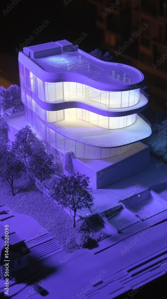 Poster architectural model of modern building illuminated with vibrant blue and white lights showcasing uni