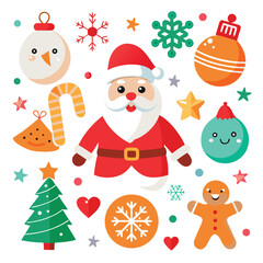 a collection of Christmas-themed illustrations, including Santa Claus, ornaments, wreaths, and gifts on white  background