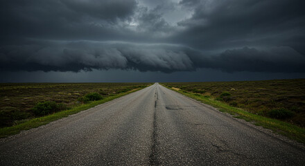 Empty rural road leading through flat landscape under dramatic dark stormy sky background scene display idea. Moody weather concept design photography backdrop concept.