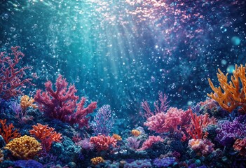 Obraz premium a vibrant underwater scene showcasing colorful coral reefs bathed in shimmering sunlight and filled with countless bubbles.