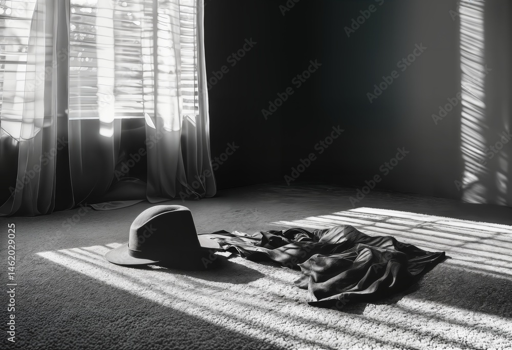 Poster a felt hat and draped fabric rest in stark contrast with the patterned shadows cast by a sheer curta