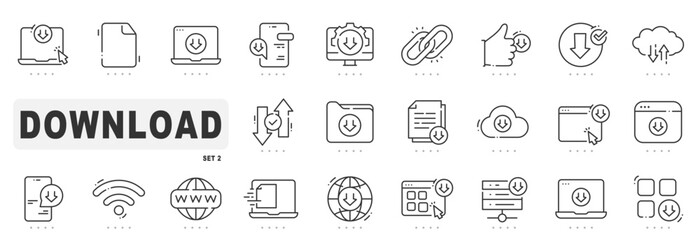 Set of download related line icons. Button, save, down, upload etc. Editable stroke. Set 2