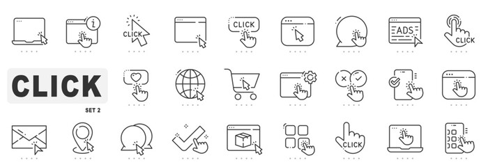 Set of click related line icons. Cursor, pointer, arrow etc. Editable stroke. Set 2