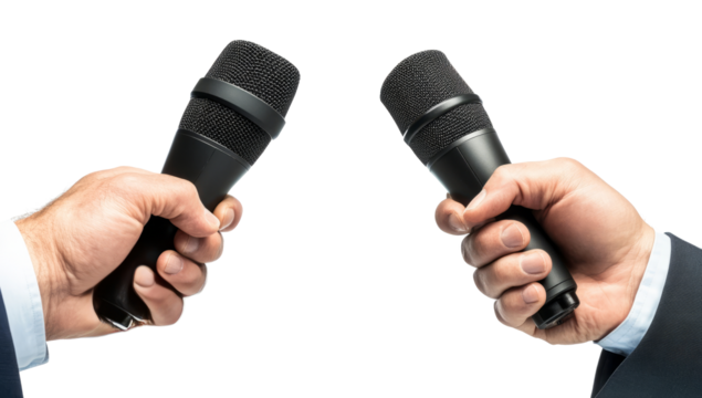 A journalist's hand holding a microphone isolated against a transparent background, ideal for media-related content, interviews, or news reporting themes. - Powered by Adobe