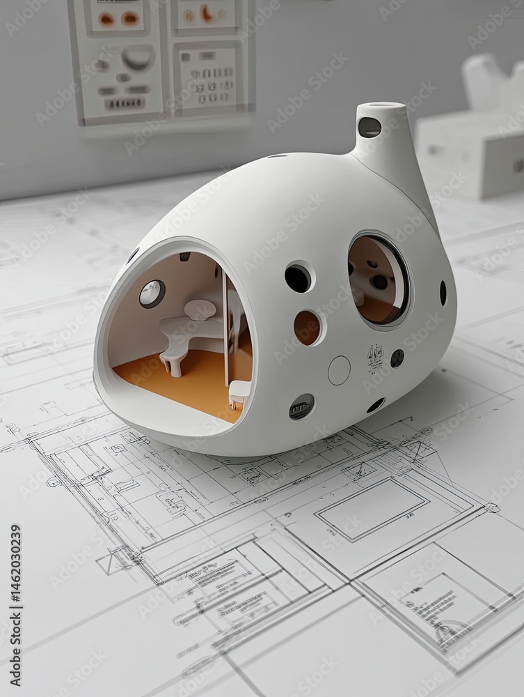 Poster architectural model on blueprint in studio setting with interior and soft lighting