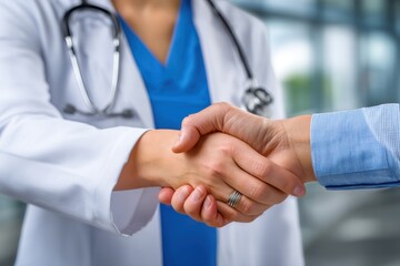 Close-up of a doctor in a white coat shaking hands with a patient wearing a blue shirt, symbolizing trust, partnership, and successful healthcare outcomes achieved together.
