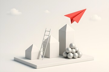 Red paper airplane soaring above a ladder and geometric shapes. Concept of growth, success, and overcoming obstacles.