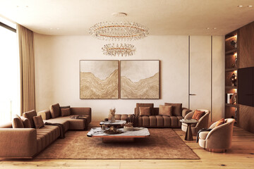 Modern earth toned living room with marble coffee tables and crystal chandeliers