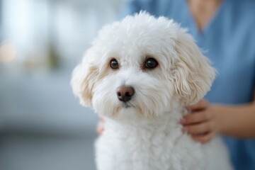 close-up of professional pet groomer hands gently trimming fluffy dog fur with precision and care