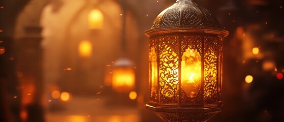 Ornate lantern glowing in a dimly lit passageway.