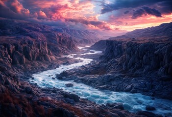 Fototapeta premium a winding turquoise river carves through a dramatic, shadowed canyon under a vibrant, fiery sunset sky.