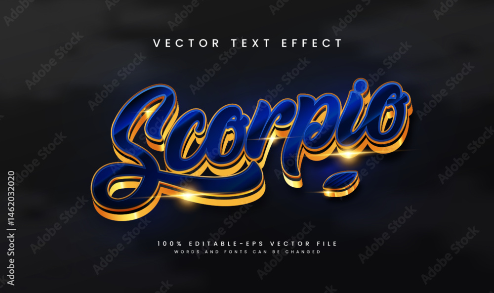 Aufkleber stylish 3d text effect of the word 'scorpio' in blue and gold. editable vector file.