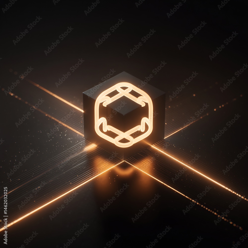 Poster illuminated geometric symbol on dark cube with light streaks background element