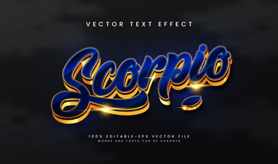 Stylish 3D text effect of the word 'Scorpio' in blue and gold.  Editable vector file.