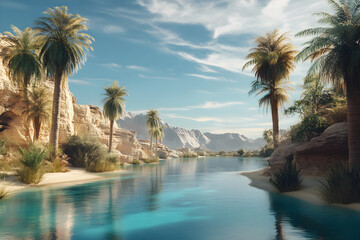 Fototapeta premium Scenic oasis valley with palm trees and clear river.