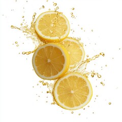 Fresh lemon slices splashing in water droplets on white background