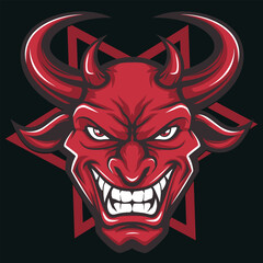 A menacing red devil with sharp teeth and horns grins against a pentagram backdrop, embodying pure evil and chaos.
