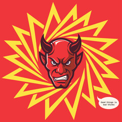 An angry red devil with horns surrounded by a yellow star, and a quote bubble saying 