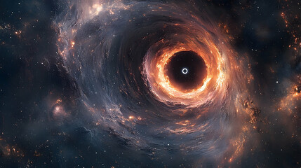 A swirling cosmic vortex of fiery nebulae surrounding a black hole.