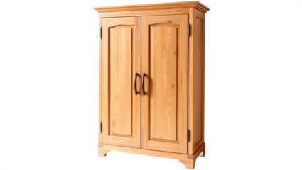 Light wood cabinet with two doors and dark handles. Perfect for storage.