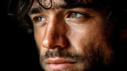 Obraz premium Intense portrait of man with curly hair and deep eyes, showcasing emotion and depth