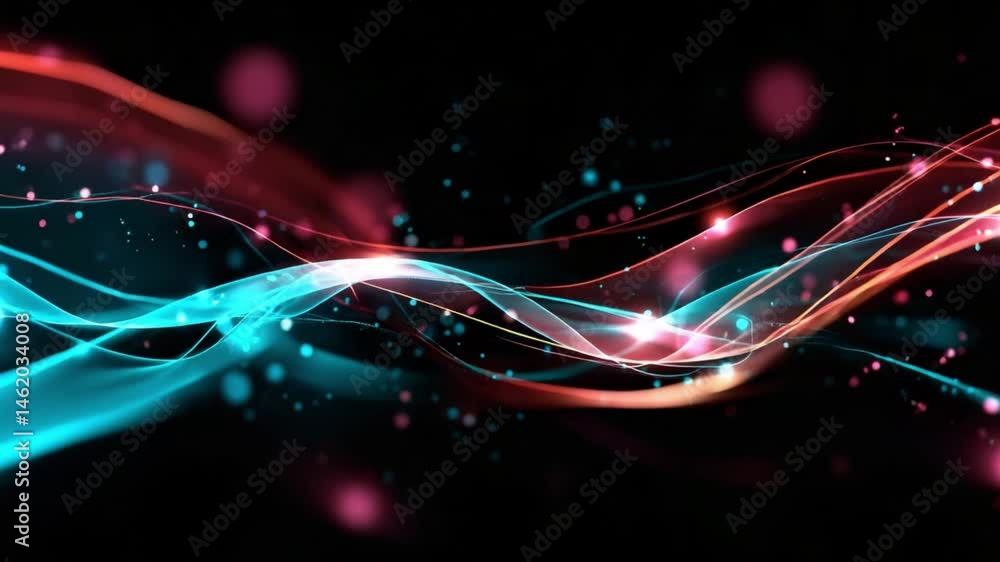 Poster vibrant abstract wave patterns with bright colors and glowing particles for creative backgrounds