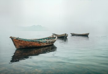 Fototapeta premium weathered wooden boats drift serenely on a calm, misty lake with a distant island barely visible through the haze.