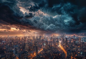 Obraz premium a dramatic aerial view of a sprawling cityscape bathed in the contrasting glow of stormy teal clouds and a warm, fiery sunset.