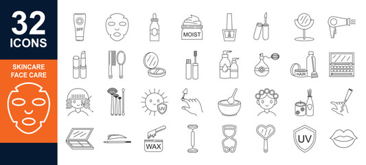 Skin care make up  line icons set. Moisture cream,  serum, lipstick, mascara, eyebrow, eyeshadow collagen, retinol, sunscreen vector illustration. Editable Stroke